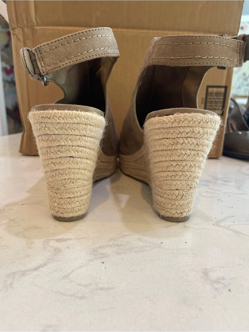 Taupe Open-Toe Suede Wedge Sandals with Ankle Strap
